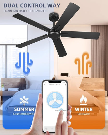 YOUKAIN Ceiling Fan without Light, 52 Inch Black Ceiling Fans, Smart Ceiling Fans Remote & APP Control, Reversible Blades, Outdoor Ceiling Fan for Bedroom, Living room, 52-YJ812-BK-NL