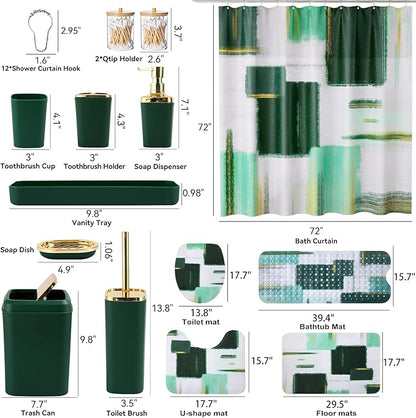 Bathroom Accessories Set - 26PCS Dark Green Bathroom Set, Bathroom Accessory Set with Shower Curtain and Rugs and Bathtub Mats for Home