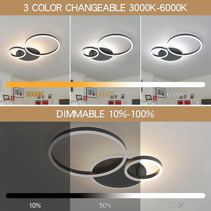 O'NEELDY Modern Dimmable LED Flush Mount Ceiling Light Remote Control Acrylic Ring Chandelier, 48W 3000K-6000K Adjustable, Black Fixture for Bedroom, Living Room, Dining Room, Kitchen and Hallway