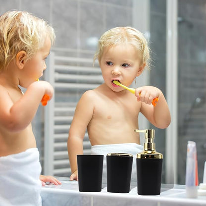 Black Bathroom Set, Bathroom Sets with Stripe Shower Curtain, Black and Gold Bathroom Accessories with Trash Can, Soap Dispenser, Soap Dish, Toilet Brush Holder, Qtip Holders for Bathroom