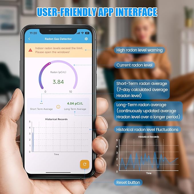 WiFi Home Radon Detector, Portable Radon Meter with Real-Time Short & Long-Term Monitoring, Plug-in Design, Instant Alerts & App Control, 2.4 & 5GHz Dual-Band WiFi Compatible
