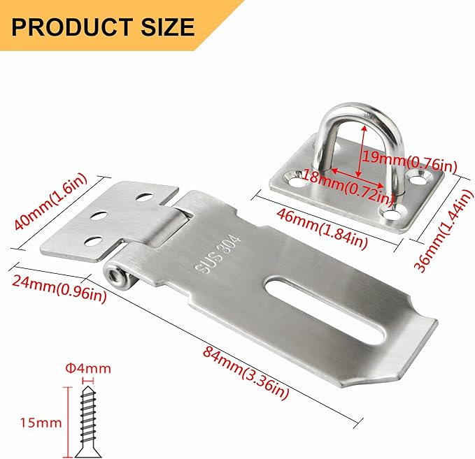 Alise 2pcs Door Locks Hasp Latch,3 Inch SUS 304 Stainless Steel Safety Packlock Clasp Hasp Lock Latch,with Fixing Screw for External Doors Window Cabinet Pet Cage, Brushed Nickel MS9-3A-2P