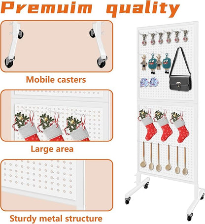 Royxen Metal Pegboard with 30 Hooks and Wheels,2 x 5.5 Feet Pegboard Display Rack, Standing Pegboard Display for Home and Store, White