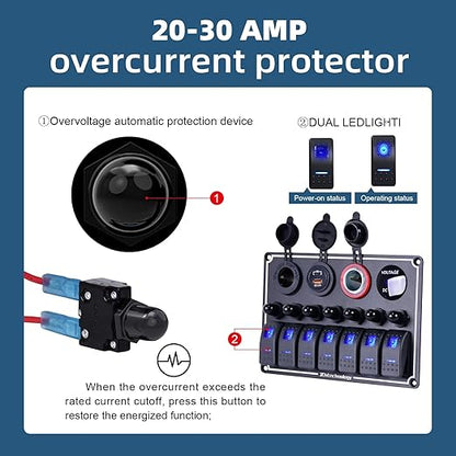 7 Gang Marine Boat Switch Panel with Dual USB Charger & Voltmeter, Waterproof Aluminum Rocker Switch Panel for Marine Automotive Truck RV Trailer with Lighter Socket Press Protector, 12/24V Black