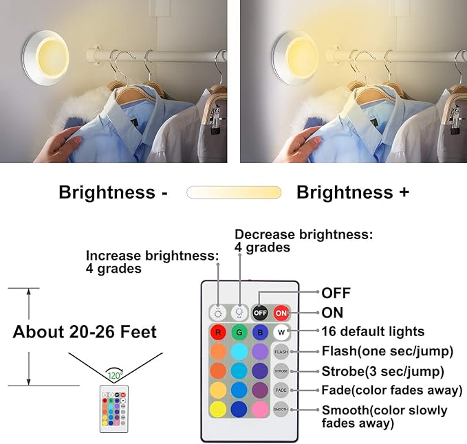 HONWELL Push Lights, LED Puck Lights with Remote, Battery Operated Under Cabinet Lighting,Cordless RGB Color Changing Touch Fairy Light with Dimmer, Stick on Light for Closet Classroom Shelf