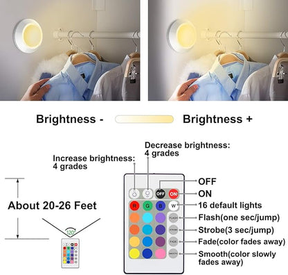 HONWELL Push Lights, LED Puck Lights with Remote, Battery Operated Under Cabinet Lighting,Cordless RGB Color Changing Touch Fairy Light with Dimmer, Stick on Light for Closet Classroom Shelf