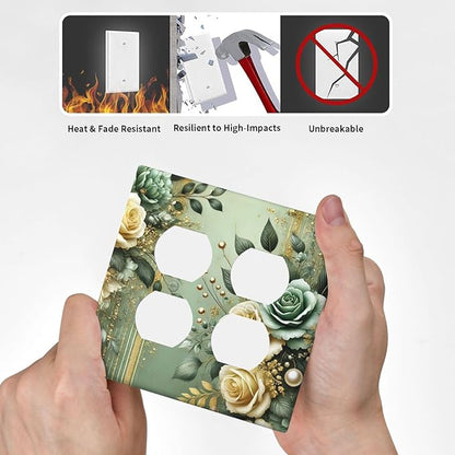 Decorative Outlet Covers Rustic Green Floral Leaves Teal Flowers Gold Stripe 2 Gang Wall Plate Cover Double Duplex Receptacle Two Switch Light Switch Cover Plate Faceplate