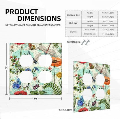 Dragonflies Flowers Butterfly 2 Gang 2 Duplex Outlet Light Switch Cover Decorative Wall Plate Cover For Home Living Bedroom Kitchen Decorative