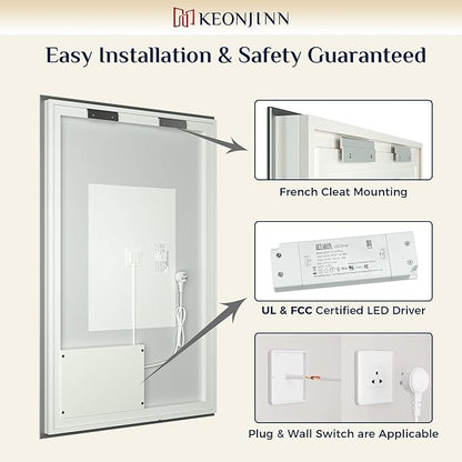 Keonjinn Bathroom Mirror with Lights 60 x 36 Inch, LED Mirror with Backlit, Anti Fog Lighted Mirror with Stepless Dimmable, UL Listed LED Driver, Waterproof, CRI90+, HD Tempered Glass