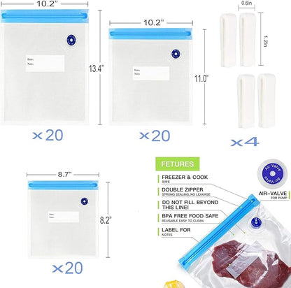 Sous Vide Bags 20pack Reusable Vacuum Food Storage Bags with 3 Sizes Vacuum Food Bags,4 Sealing Clips for Food Storage and Sous Vide Cooking (60pcs bags)
