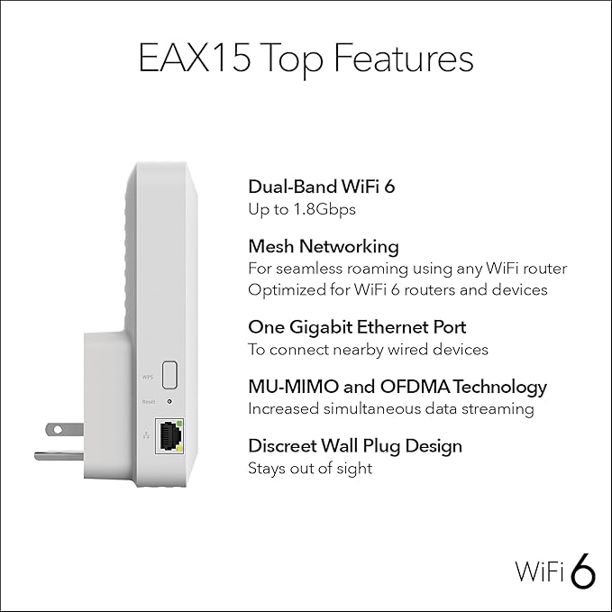 NETGEAR WiFi 6 Mesh Range Extender (EAX15) - Add up to 1,500 sq. ft., 20 Devices with AX1800 Dual-Band Wireless Signal Booster & Repeater (up to 1.8 Gbps Speed), WPA3 Security, One WiFi Name
