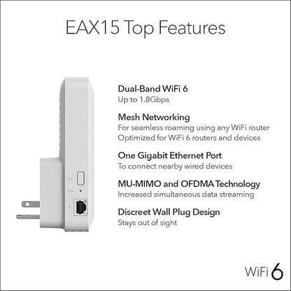 NETGEAR WiFi 6 Mesh Range Extender (EAX15) - Add up to 1,500 sq. ft., 20 Devices with AX1800 Dual-Band Wireless Signal Booster & Repeater (up to 1.8 Gbps Speed), WPA3 Security, One WiFi Name