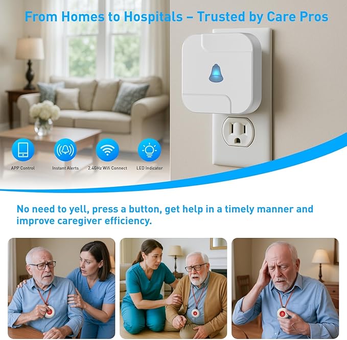 Wireless Caregiver Pager System with Call Button for Elderly at Home - Emergency Alert Button That Calls Cell Phone, 2 SOS Buttons + 1 Receiver for Seniors/Disabled (2.4GHz WiFi, No Monthly Fee)