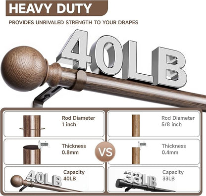 BRIOFOX Walnut Wood Curtain Rods for Windows 72 to 144 Inch(6-12ft) - 1'' Diameter Heavy Duty Curtain Rods with Imitation Wood Grain Pattern Finials,Adjustable Decorative Curtain Rods Set,28-144''