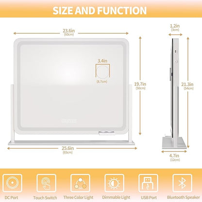 Hasipu Vanity Mirror with Lights and Bluetooth Speaker, 23.6" x 19.7" LED Makeup Mirror, Light up Mirror with 10X Magnification, USB Charging Port, Smart Touch 3 Colors Dimmable (White)