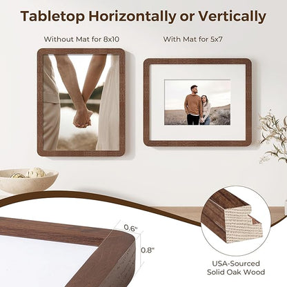 8x10 Picture Frame, Rustic 8 by 10 Photo Frame for Wall & Tabletop Display - Solid Oak Wood & Tempered Glass, 8x10 Picture Frame Matted to 5x7, Wood Collage Frames for Home, Walnut Color, 3 Pack