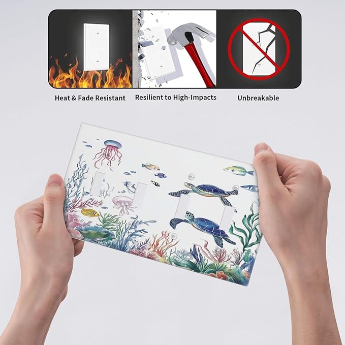 Blue Sea Turtle Ocean Fish Octopus Coral Light Switch Covers Quad Toggle Electrical Faceplate 4 Gang Wall Plate Decorative Switch Plates For Bathroom Kids Room Decor