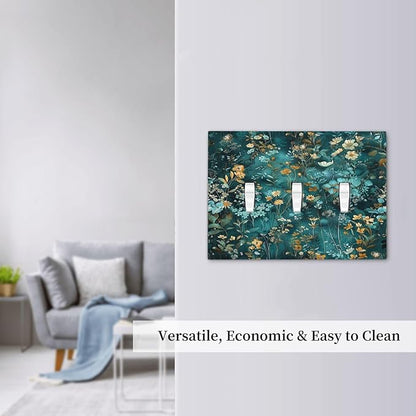 Decorative Switch Plates Green Leaf Floral Boho Golden Flower Plant 3 Gang Wall Plate Triple Toggle Light Switch Cover Faceplate Electrical Wall Panels For Bed Room Cabin Decor