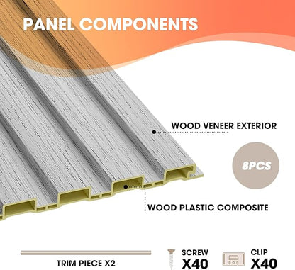 OUZUGIE WPC Acoustic Slat Wall Paneling, 8-Pack 96 x 6 Inches 3D Wall Panels for Interior Wall Decor,Living Room,TV Background,Study Room,Office Spaces,Bedroom,Low Grille (Grey)