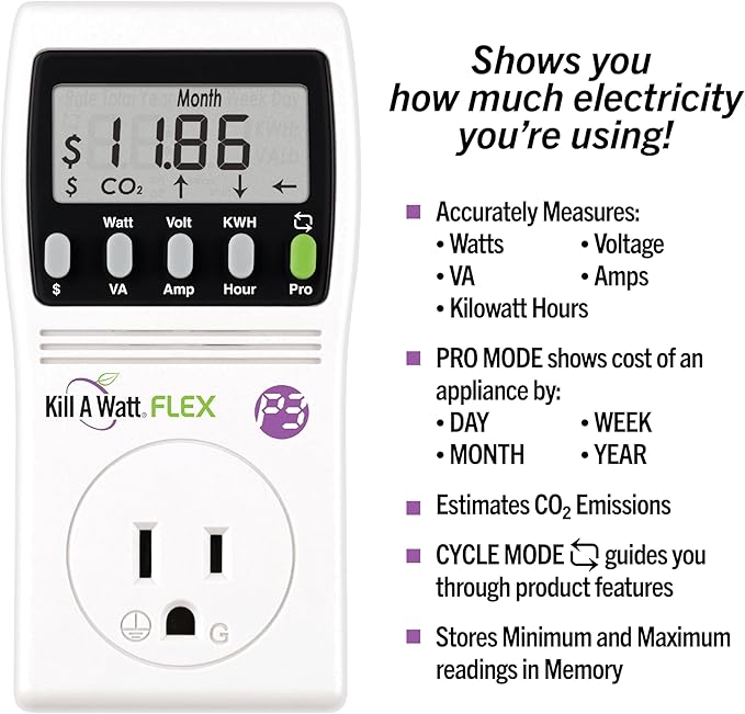P3 International P4456 Kill A Watt Flex Plug-in Electricity Usage + Power Consumption Monitor, Watt Voltage Tester, Electrical Energy Saving Monitor with Auto Cost Calculator