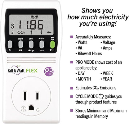 P3 International P4456 Kill A Watt Flex Plug-in Electricity Usage + Power Consumption Monitor, Watt Voltage Tester, Electrical Energy Saving Monitor with Auto Cost Calculator