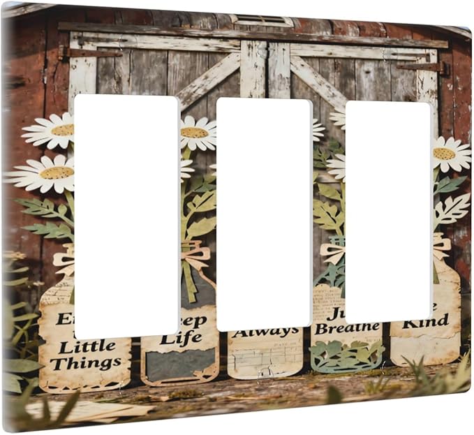 Rustic Daisy Barn Door Flowers 3 Gang Triple Rocker Decorative Light Switch Covers Electrical Faceplate Switch Plates for Bathroom Kitchen Home