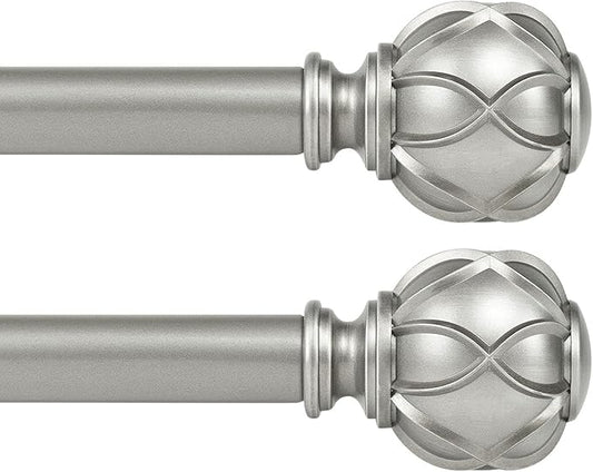 KAMANINA 1 Inch Curtain Rod Telescoping Single Drapery Rod 28 to 48 Inches (2.3-4 Feet), 2 Pack Antique Silver Curtain Rods for Windows 16 to 44 Inches, Netted Texture Finials