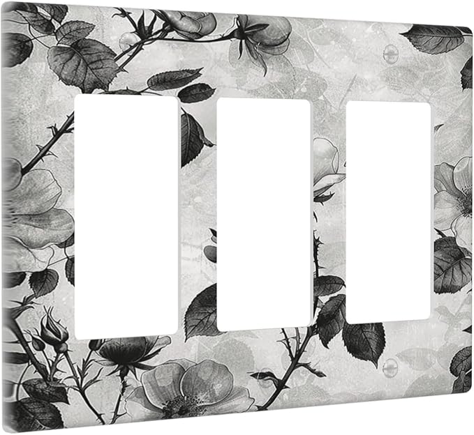 Light Switch Covers Black Breezy Watercolor Garden Floral 3 Gang Rocker Electrical GFCI Decorative Triple Outlet Wall Plate Cover Switchplate for Bedroom Home Decor