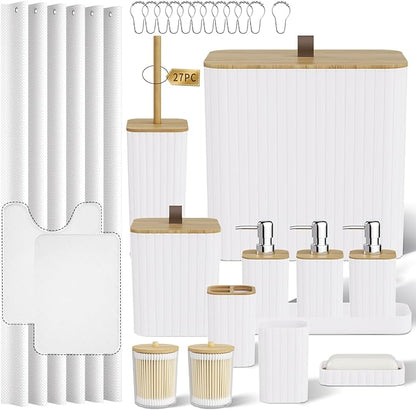 Bathroom Accessory Set - White Bathroom Set, 27PC Bathroom Accessories Set, Bathroom Sets with Shower Curtain and Rugs, Mini Trash Can, Toilet Brush, Trash Can & Soap Dispenser