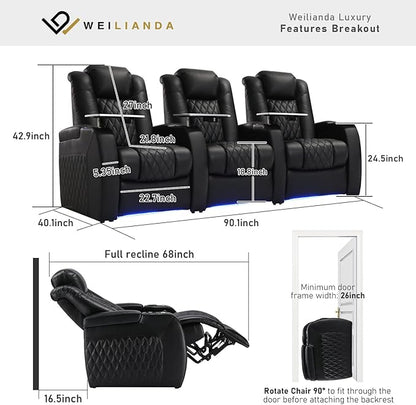 Weilianda Home Theater Seating Top Grain Leather Zero Gravity Recliner Chair Power Headrest Recline Movie Seat Gaming 7 Colors Mood Light Sofa with Tray Table USB Charge Row of 3 Black
