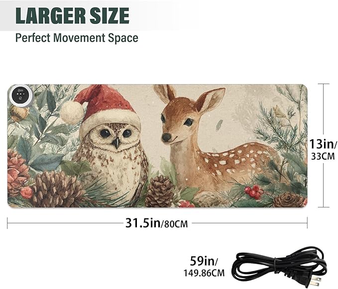 Heated Desk Pad Mouse Pad 31.5x13 Inch PU Leather Desk Mat with 3 Heat Levels Large Mouse Gaming Computer Laptop Mat Beige Christmas Owl Deer Pinecorns