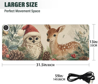 Heated Desk Pad Mouse Pad 31.5x13 Inch PU Leather Desk Mat with 3 Heat Levels Large Mouse Gaming Computer Laptop Mat Beige Christmas Owl Deer Pinecorns