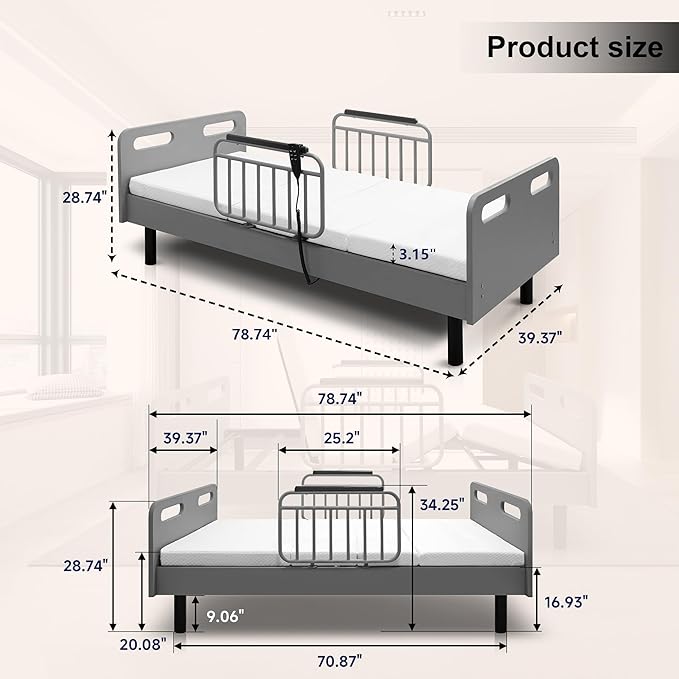 Electric Adjustable Bed for Home Use with Remote Control, Memory Foam Folding Mattress & Safety Side Rails, Home Healthcare Support (Grey,White)