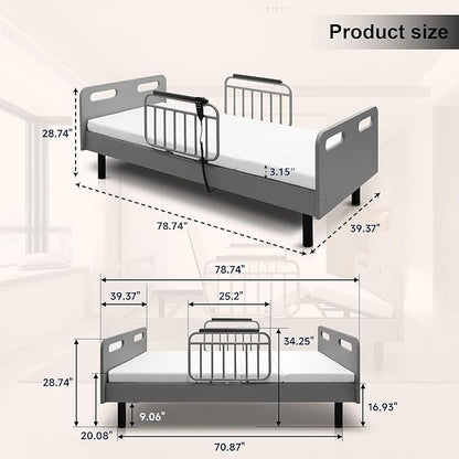 Electric Adjustable Bed for Home Use with Remote Control, Memory Foam Folding Mattress & Safety Side Rails, Home Healthcare Support (Grey,White)
