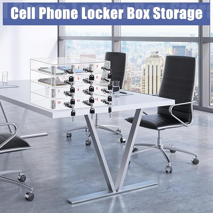 Layhit 12 Slots Cell Phone Locker Box for Classroom Clear Acrylic Cell Phone Storage Cabinet Bin with Door Locks for Classroom School Students Office Factory Employees