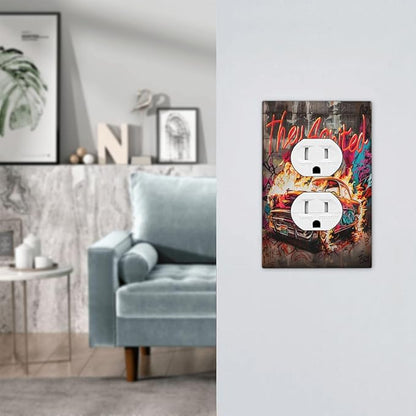 Outlet Covers Hip Hop Street Graffiti Flame Car 1 Gang Duplex Wall Plate Decorative Switch Plates Electrical Receptacle Faceplate Light Switch Cover for Bedroom living Room Decor