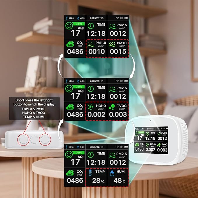 18-in-1 Smart Air Quality Monitor - Indoor WiFi Air Quality Detector with Dual Chip, Real-Time for AQI, CO2, PM2.5, PM1.0, PM10, TVOC, HCHO, Time Display, Temperature & Humidity (White-Black)
