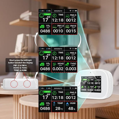 18-in-1 Smart Air Quality Monitor - Indoor WiFi Air Quality Detector with Dual Chip, Real-Time for AQI, CO2, PM2.5, PM1.0, PM10, TVOC, HCHO, Time Display, Temperature & Humidity (White-Black)