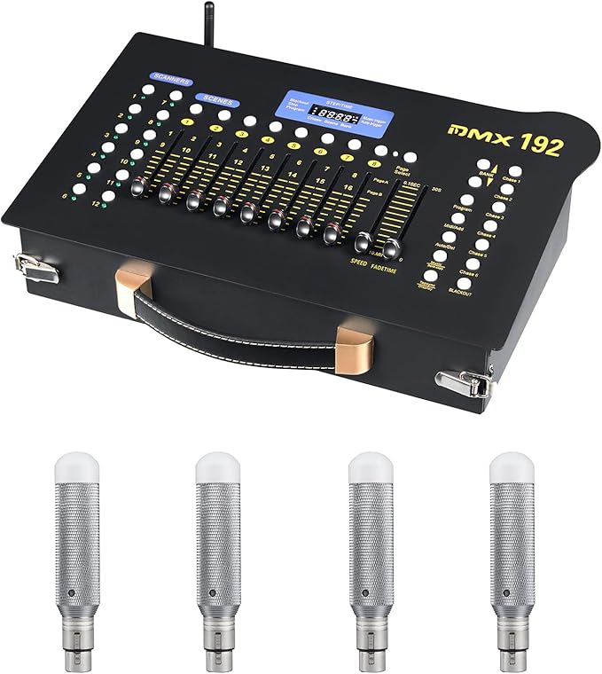 DMX512 Controller Stage DJ Light Console Lighting Mixer Board Console Wireless DMX Transmitter Receivers Set 192 Channels for Party DJ Disco Lights Show Night DJs KTV Bars Moving Heads