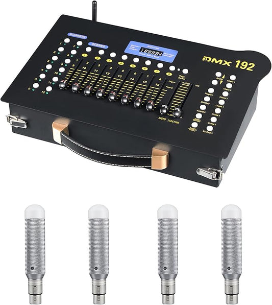 DMX512 Controller Stage DJ Light Console Lighting Mixer Board Console Wireless DMX Transmitter Receivers Set 192 Channels for Party DJ Disco Lights Show Night DJs KTV Bars Moving Heads