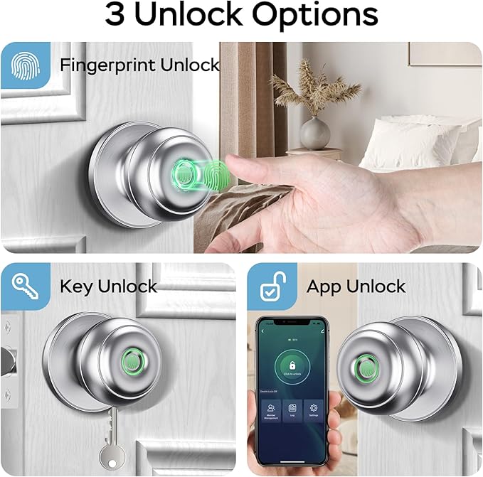GeekTale Fingerprint Door Lock for Bedrooms, Fingerprint Door Knob with Lock, Smart Door Lock, App Control, Back-up Keys, Thumbprint Door Knob for Bedrooms, Office, Apartment