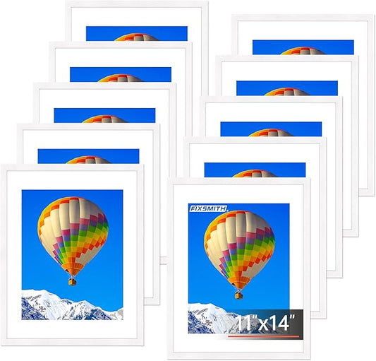 FIXSMITH 11x14 Picture Frame Set of 10, White Photo Frames Bulk with HD Plexiglass, Display Pictures 8x10 with Mat or 11x14 Without Mat, Multi Picture Frames Collage for Wall Decor