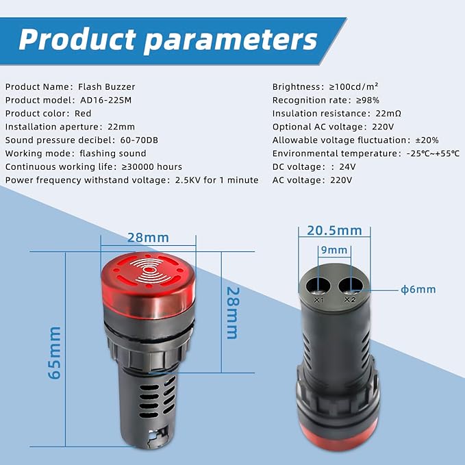 Indicator Light 24V Buzzer，10PCS 22mm Red LDE Flashing Buzzer AC/DC 24V Alarm for Electrical Control Panel