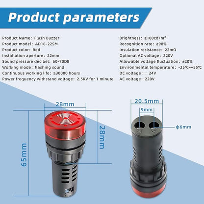 Indicator Light 24V Buzzer，10PCS 22mm Red LDE Flashing Buzzer AC/DC 24V Alarm for Electrical Control Panel