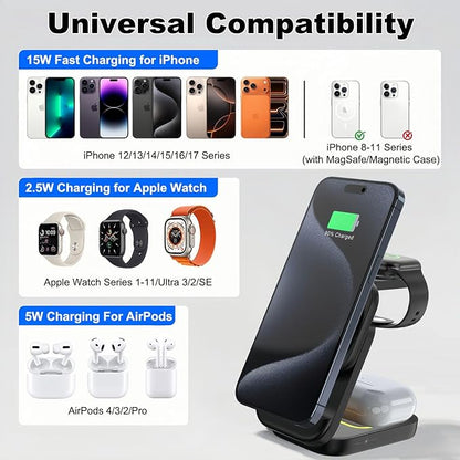 3 in 1 Charging Station for iPhone - Wireless Charger for Apple Products Multiple Devices - Charging Dock Stand for AirPods (for iPhone 17 16e 16 15 14 13 pro 12 11 X Max)