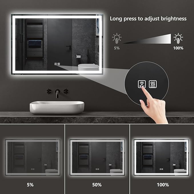 APRILSOUL 36x30 Inch LED Bathroom Mirror with Front and Backlit, Makeup Mirror with 3 Color Lights, Memory Function, Anti-Fog and Dimmable Light (Horizontal/Vertical)