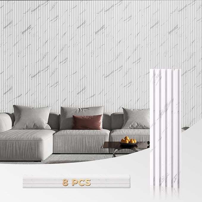 OUZUGIE WPC Acoustic Slat Wall Paneling, 8-Pack 96 x 6 Inches 3D Wall Panels for Interior Wall Decor,Living Room,TV Background,Study Room,Office Spaces,Bedroom,Low Grille (White)