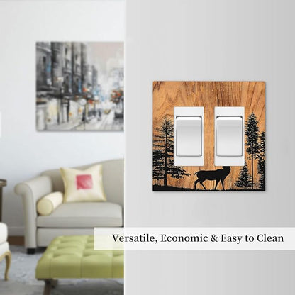 Decorative Outlet Covers Rustic Farmhouse Orange Brown Pine Tree Deer Wood Grain 2 Gang Double GFCI Rocker Electrical Wall Panels Light Switch Cover Plate for living Room Cabin Decor