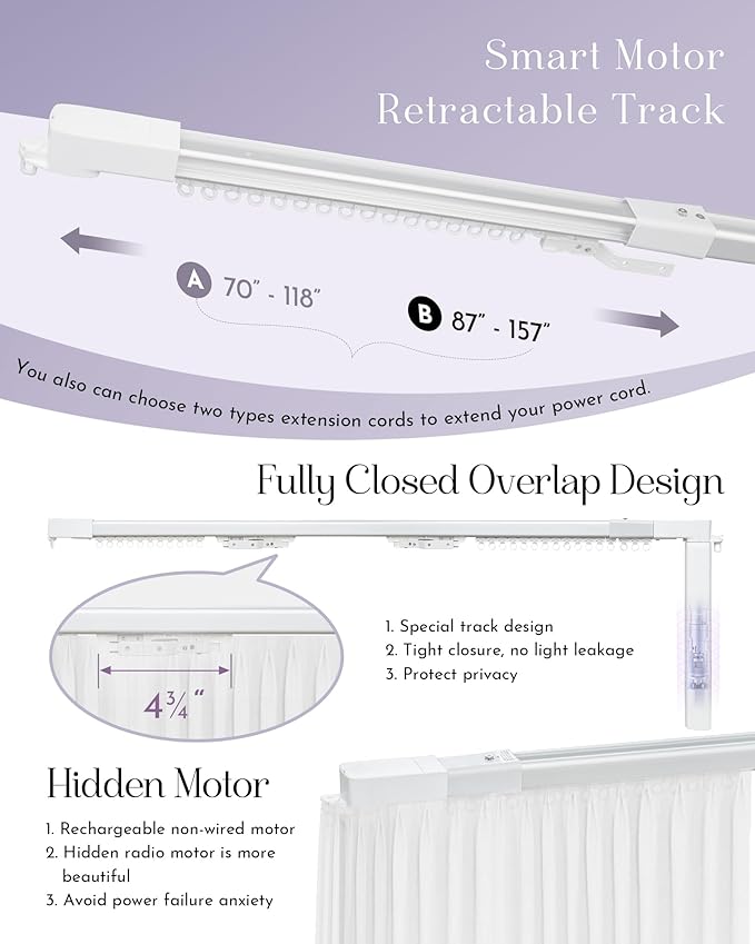 Graywind Retractable Smart Curtain Track Motorized Center-Opening Rail, Smart Curtains System Compatible with Alexa/Google Home (87-157inch)