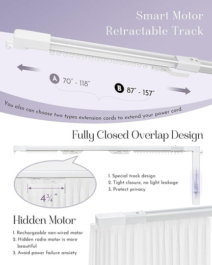 Graywind Retractable Smart Curtain Track Motorized Center-Opening Rail, Smart Curtains System Compatible with Alexa/Google Home (87-157inch)